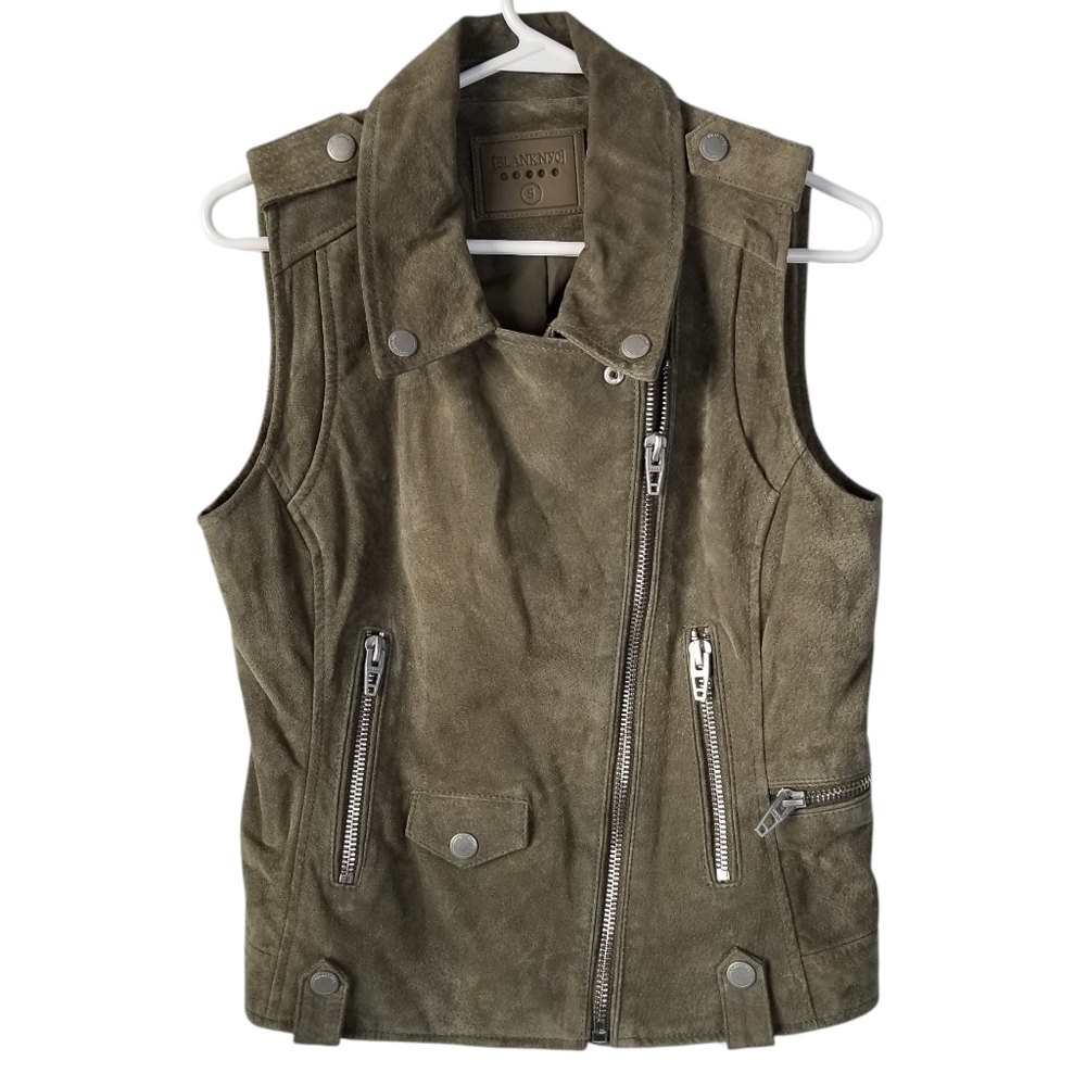 Blank NYC Olive Green Suede Leather Moto Vest Size S Zipper Snap Closures